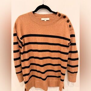 LOFT Striped Button Shoulder Sweater Size M Tan Black Knit